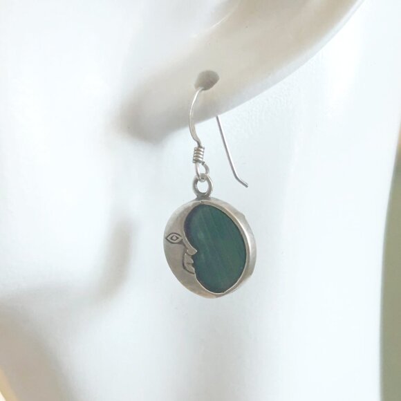 Beautiful Crescent Moon and Malachite sterling silver dangle earrings women's - Picture 3 of 5